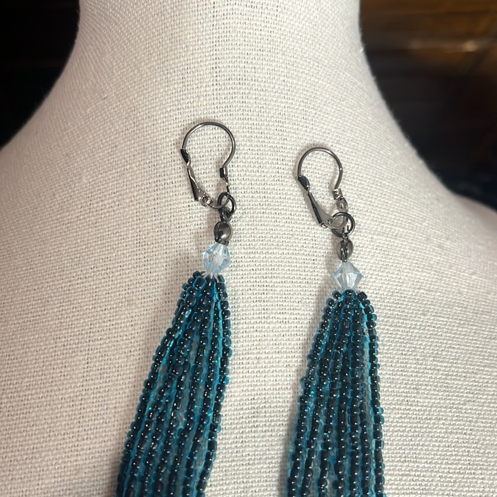 Artisan Boho Extra Long Tassel Fringe Peacock Blue Seed Beaded Dangle Earrings - Picture 4 of 9